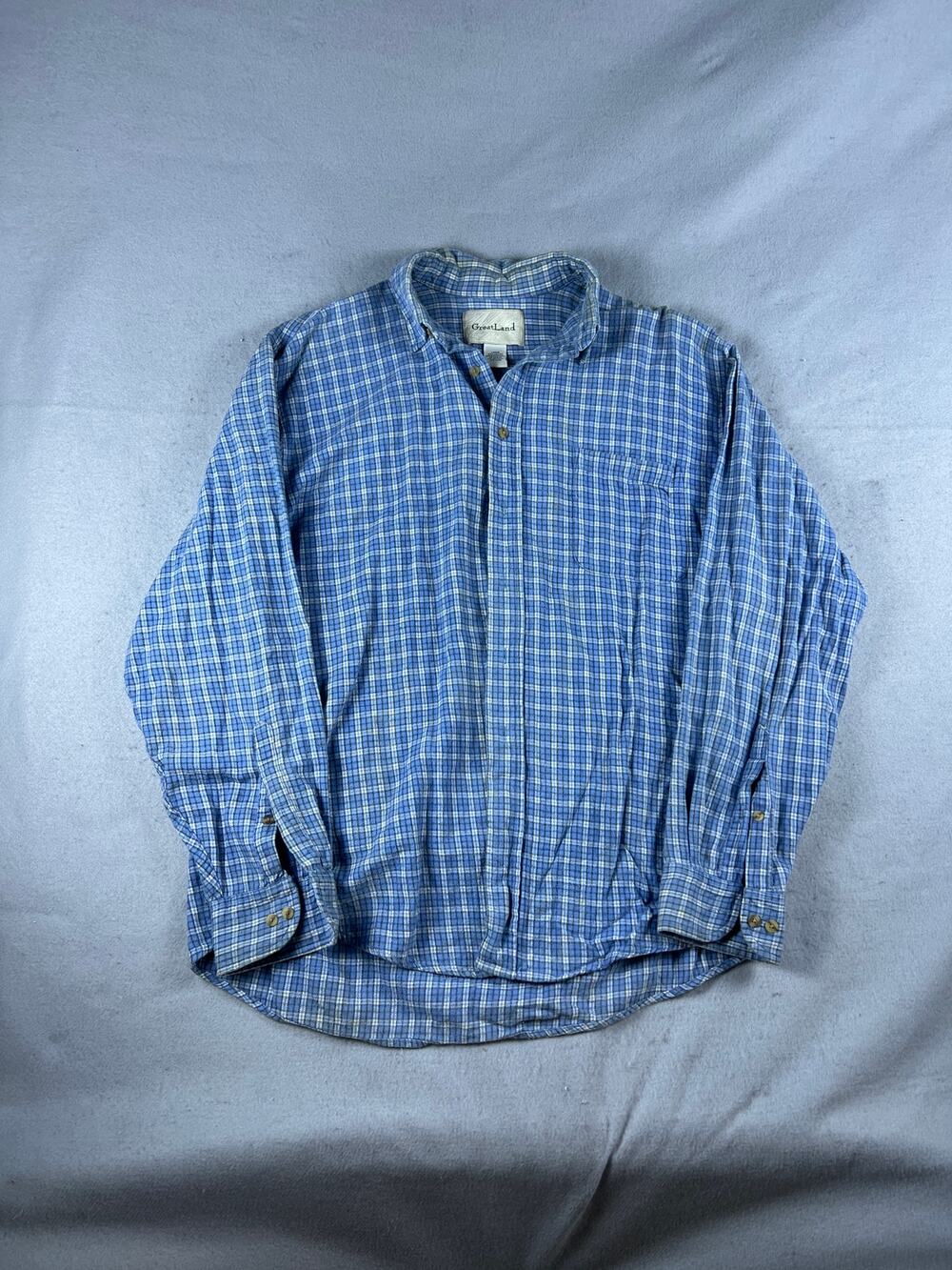 GreatLand Shirt Mens L Blue White Long Sleeve Button Up Flannel Plaid Classic